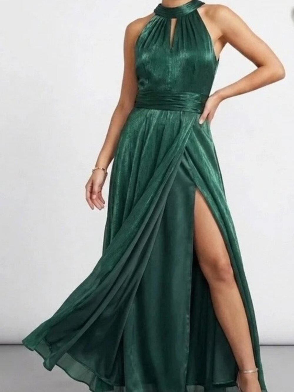 Xscape Hunter Green Halter Metallic Shimmer High Slit Maxi Dress